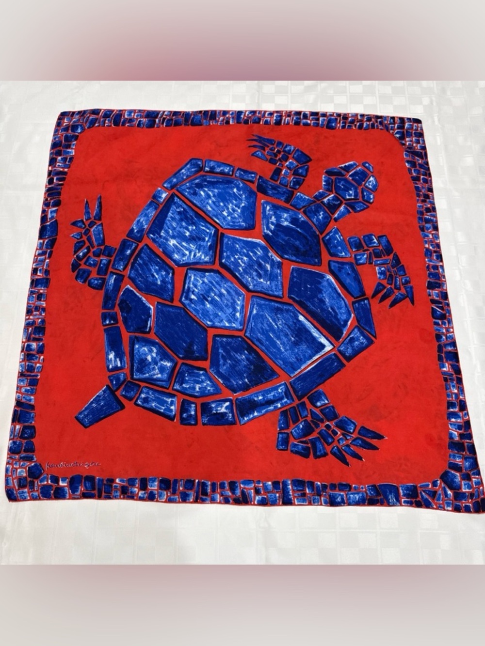 VTG PAULINE TRIGERE Turtle‎ Tile Mosaic Silk Square Scarf Vibrant Blue Red 31"